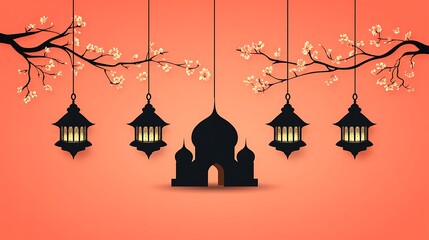 Silhouette mosque and lanterns hanging from a branch with blossoms.