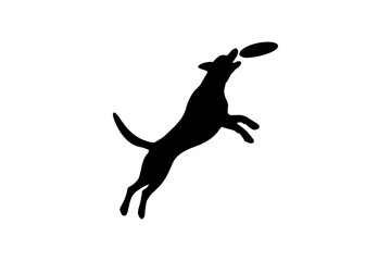 Dynamic Silhouette of a Dog Leaping to Catch a Frisbee on a Clean White Backdrop Ideal for Sport and Pet Related Designs