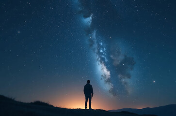 lone figure stands amidst meteor shower streaking across night sky dwindling bitcoin graph tracing downward trajectory
