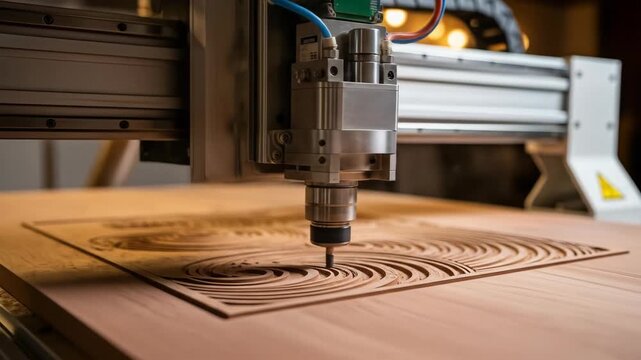 Automated machine engraving wooden surface with intricate pattern