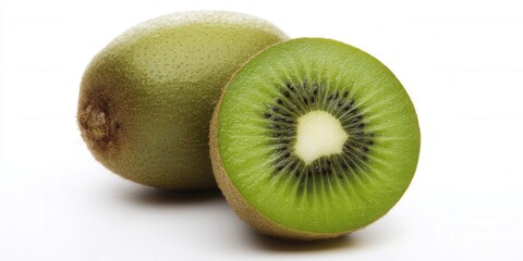 Fototapeta premium A beautifully sliced kiwi fruit, showcasing its vibrant green interior with a whole one.