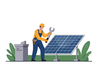 skilled worker maintains solar panels symbolizing clean energy Bright illustrative style with a focus on sustainability and renewable resources Ideal for energy technology and environmental concepts