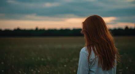 A redhead woman stands contemplatively in a field at sunset