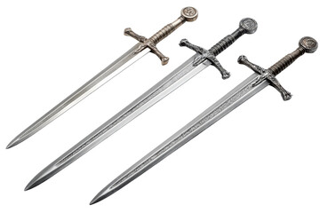 Indoor display of three unique swords product photography. Isolated on transparent background, png.