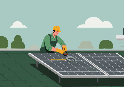 A worker installs solar panels on a rooftop. Clear composition, bright daylight, showcasing renewable energy. Professional, modern, and visually appealing.