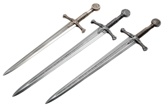 Indoor display of three unique swords product photography. Isolated on transparent background, png.