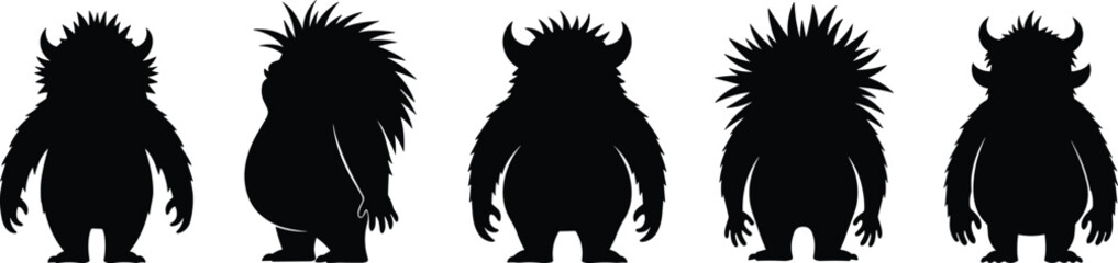 Silhouette vector of five creative monsters, spiky hair, horns, unique shape, black illustration, Halloween concept, creepy design, Adobe Stock