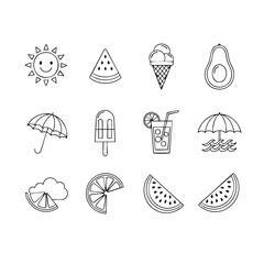Summer icons sun ice cream watermelon orange slice drink umbrella vector