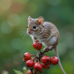 a tiny mouse balances on a plant stem surrounded by vibrant red berries, set against a soft green background
