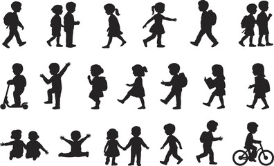 Silhouettes of children walking, riding scooters, interacting playfully, vector illustration for outdoor activity, childhood lifestyle, friendship, movement, stock image