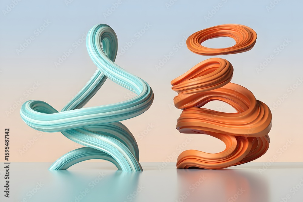 Fototapete abstract pastel swirls: modern minimalist 3d render of intertwined teal and orange fluid forms on ne