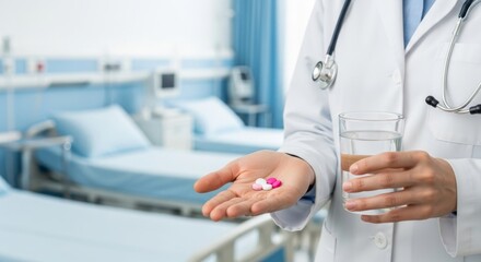 A medical professional in a white coat holds pills and a glass of water in a hospital room