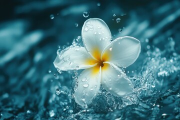 Fototapeta premium Slow motion capture of plumeria flower surrounded by dynamic water splash, slow motion of Plumeria with water splash