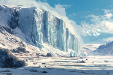 Closeup view of a majestic ice cliff with serene snow-covered landscape at dusk, A close-up view along the base of an ice cliff