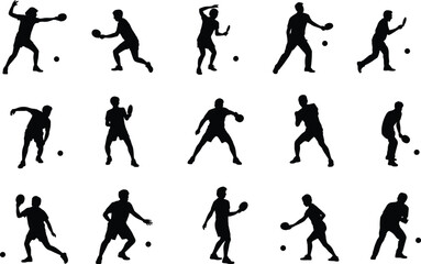 Silhouettes of table tennis players in dynamic action poses, ideal for sports illustrations, fitness designs, educational content, and graphic projects