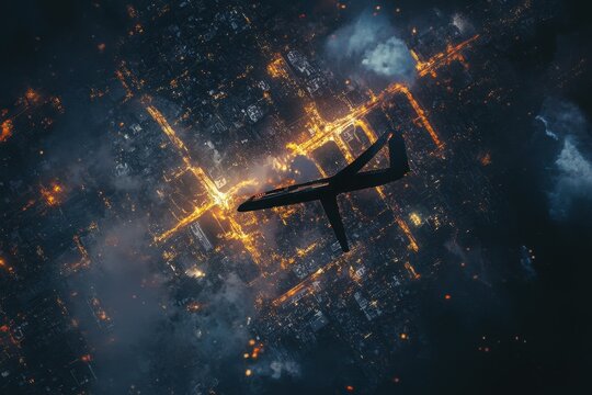 Satellite in low orbit captures city lights during blackout, revealing illuminated streets and structures, Satellite in low orbit over a city during a blackout