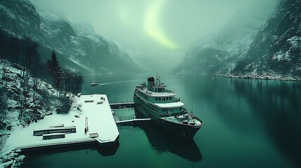 A serene fjord scene with a cruise ship docked at a snowy pier.