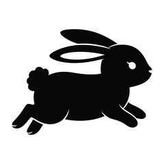 A dynamic black silhouette of a running bunny, isolated on white background, capturing its swift movement in a minimalist vector design