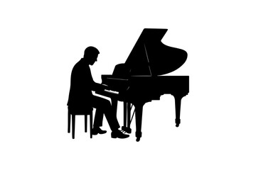 Elegant Pianist Silhouette at Grand Piano Vector Illustration for Musical Performances Concerts and Classical Music Events on White Background