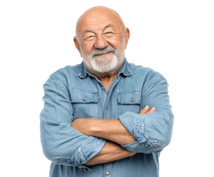 Smiling elderly man studio portrait photography. Isolated on transparent background, png.