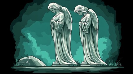 Two statuesque angels in a mystical setting.