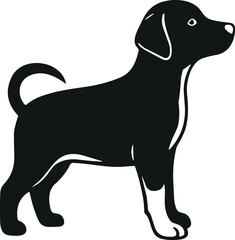 Standing dog silhouette, curled tail black vector, white background animal illustration, pet graphic design, cute dog artwork, Adobe Stock image