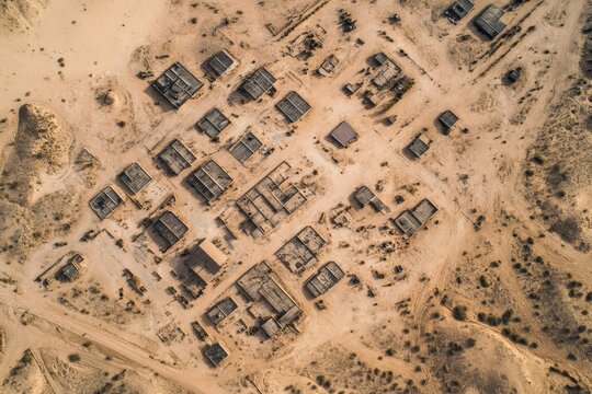 Deserted army camp captured from above showcasing extensive training facilities and abandoned structures, An aerial view over a deserted army camp and training facility in the middle of the desert