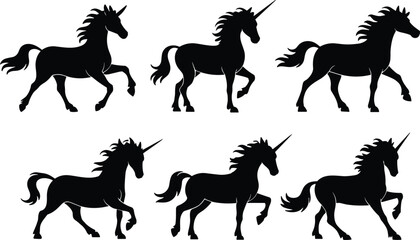 Unicorn silhouette collection in magical poses, fantasy creature vector illustration for mythical animal, fairytale artwork, magical design, dream icon