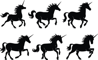 Unicorn silhouettes in elegant fantasy poses, black mythical creature vector illustration for magical design, fairytale artwork, dream animal, content icon