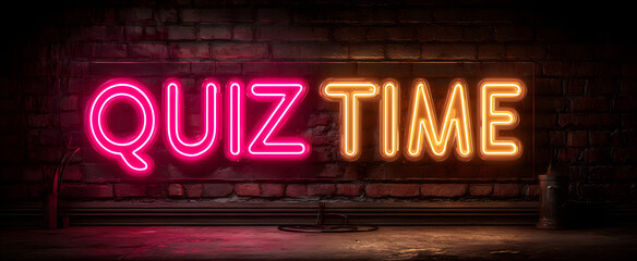 The glowing neon sign proclaiming 'Quiz Time' in vibrant pink hues.