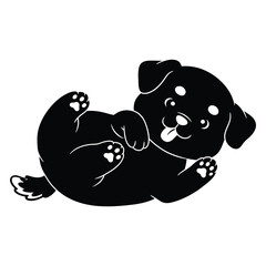 A playful puppy is lying on its back, isolated on white background, with its tongue sticking out, inviting you to join in the fun