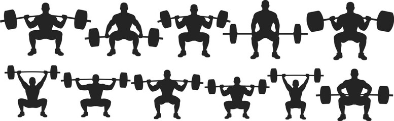 Weightlifters silhouette collection performing squats and barbell lifts, gym training, strength workout, fitness exercise, muscle building, black vector design