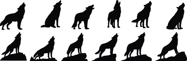 Wolf silhouette vector collection, howling animal graphic set, black wildlife illustration pack, nature icon bundle, forest predator design artwork