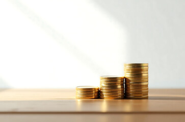 tidy stack bitcoin coins arranged neatly minimalist wooden desk illuminated soft natural light clean white background