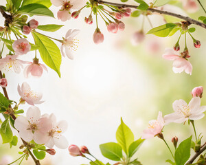 Fototapeta premium Spring cherry blossom background with blooming flowers and pink petals