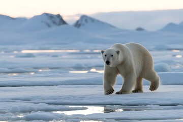 A polar bear walks across the arctic ice, with snowcovered mountains in the background