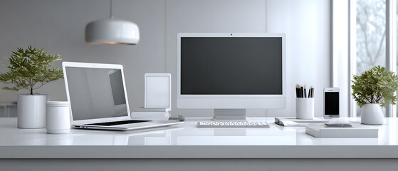 Fototapeta premium The modern workspace featuring laptops, monitors, and smartphones on a clean surface.