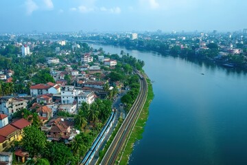Fototapeta premium Aerial view of Kochi city showcasing Kochi Metro and scenic waterfront, 4k Videos, Aerial View Of Kochi City, Kochi Metro, in the city of Kochi, Kerala, India