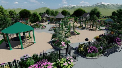 Fototapeta premium Play area with various play equipment and landscaping.