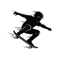 Obraz premium A silhouette of a skateboarder performing a trick with speed lines, isolated on white background