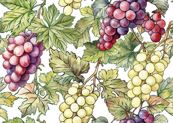 Seamless vector pattern with ripe grape bunches, leaves, and vines. Hand-drawn watercolor style. Ideal for wine labels, textiles, wallpapers, and packaging. Elegant, botanical, and vintage-inspired.