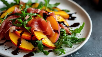 Peach and prosciutto salad drizzled with balsamic glaze.