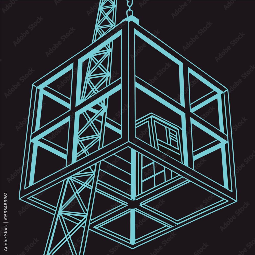 Poster Glowing Cyan Wireframe Cube Hovers in a Dark Background A Complex 3D Design Element