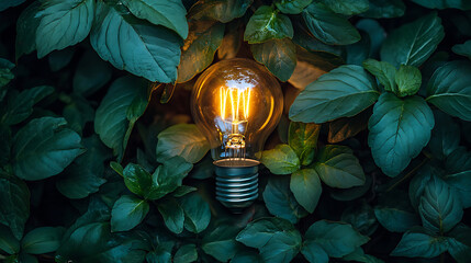Glowing Edison Bulb Nestled Amongst Lush Green Foliage Symbol of Green Energy and Sustainable Ideas