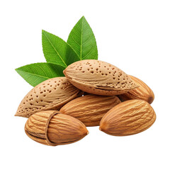 Pile of crunchy whole almonds with green leaves, presented in a close-up shot on transparent background