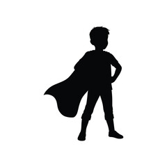 A silhouette of a child dressed as a superhero with a cape stands confidently isolated on white background
