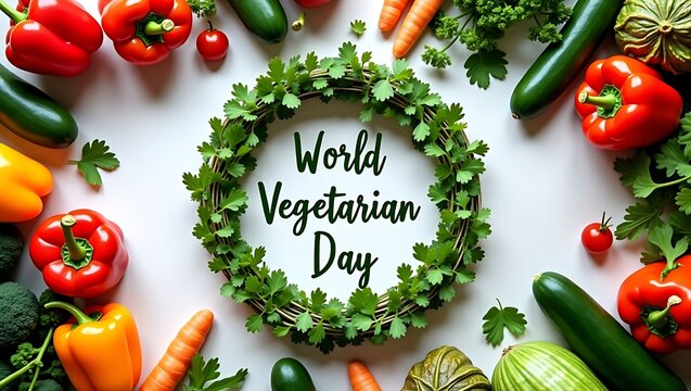 World vegetarian day celebration with fresh vegetables arranged in a wreath