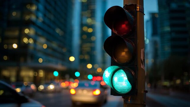 夜の都心交差点で輝く信号機