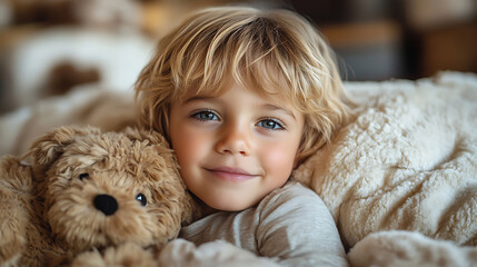 Adorable Blonde Toddler Boy with Teddy Bear in Bed
