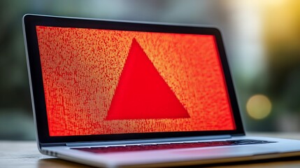 Laptop screen displaying a distorted red triangle.